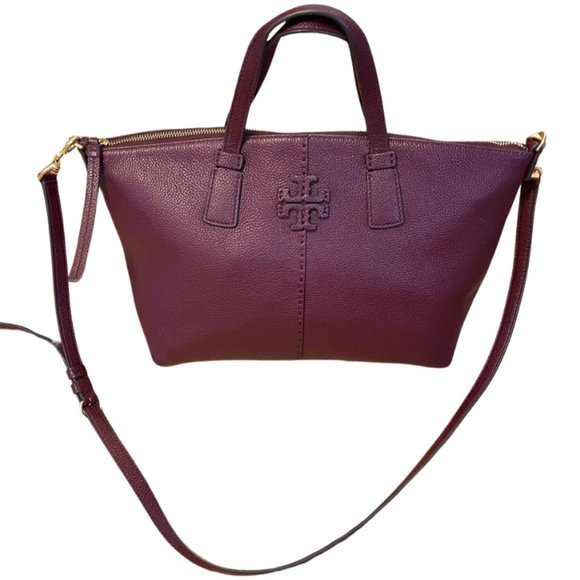 TORY BURCH McGraw Burgundy Pebbled Leather Zip Top Tote w/ Crossbody Strap